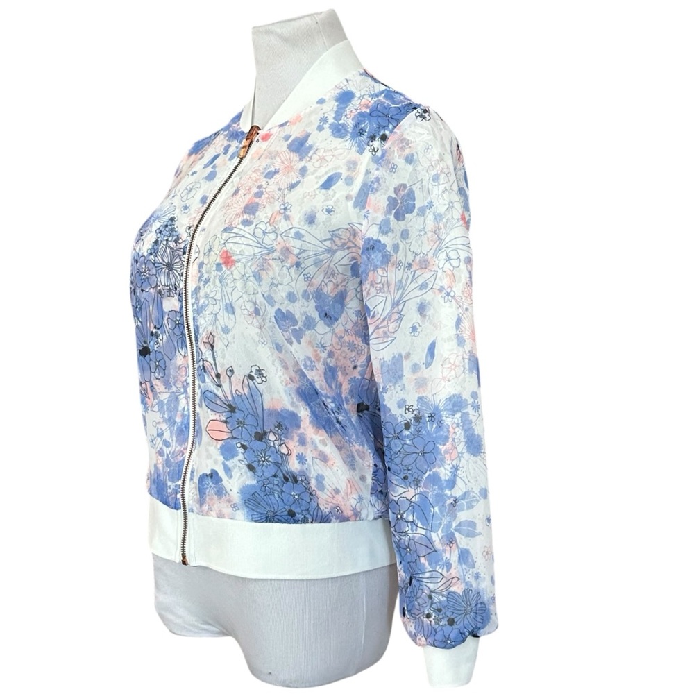 Candies Blue & White Floral Crochet Lace Reversible Bomber Jacket - Size Medium - Picture 3 of 14